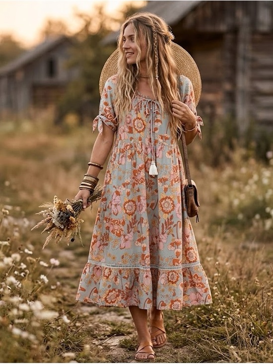 Dresses & Skirts - Boho Floral Tie-Front Sundress in Orange & Pink